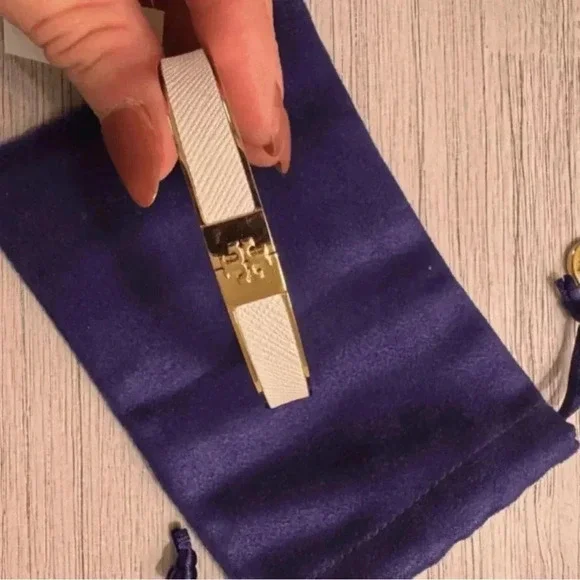 NOT FOR SALE Tory Burch Goldtone & White Slim Leather Inlay Cuff - Picture 2 of 4